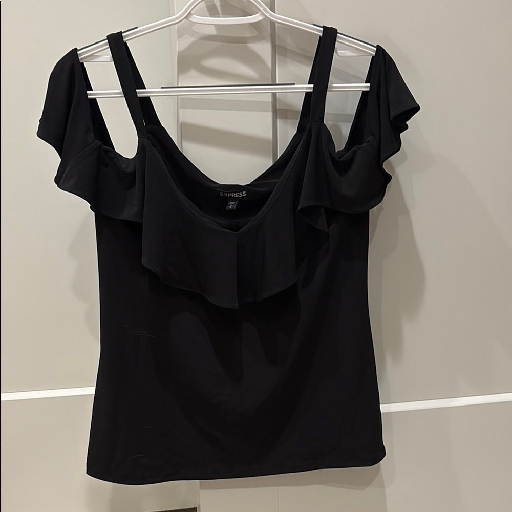 Express Black Ruffled Cold-Shoulder Blouse